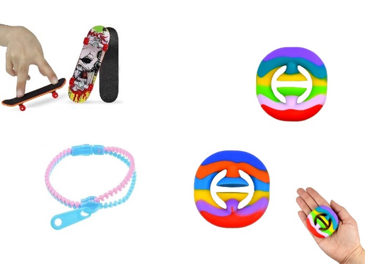 Happy Trendz® | Fidget Pakket 3 Stuks | Fidget Rits Zipper, Vinger Skateboard, Fidget Snapper | Willekeurige Kleuren | Anti-Stress & Friemel Speelgoed